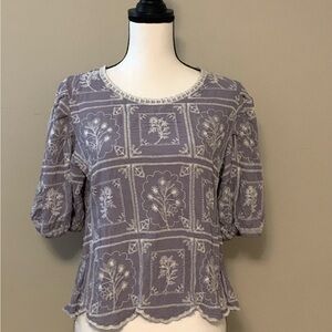 Solitaire Country Blue/Lavender sz large Patterned Embroidered Women's Top euc